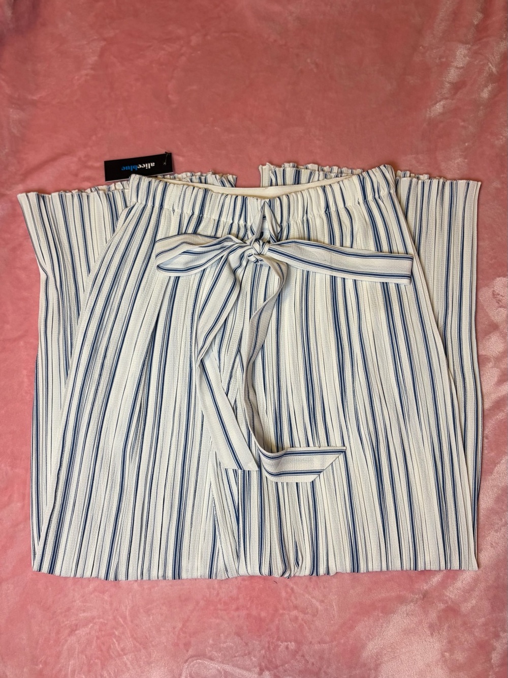Alice Blue Blue and White Striped Tie-Waist Wide Leg Pants